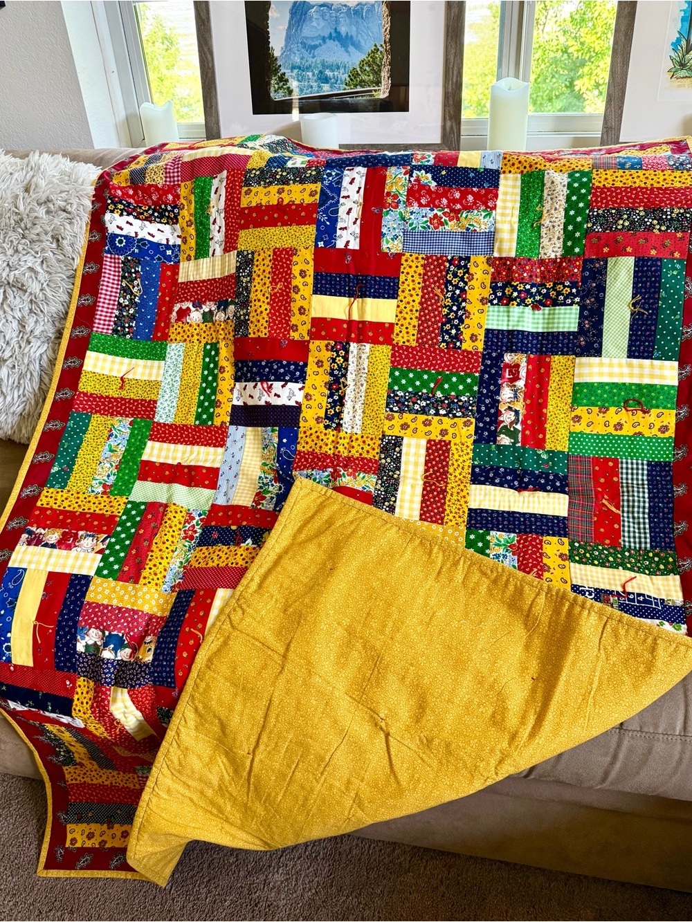 Handcrafted Multicolor Patchwork Quilt with Mustard Backing